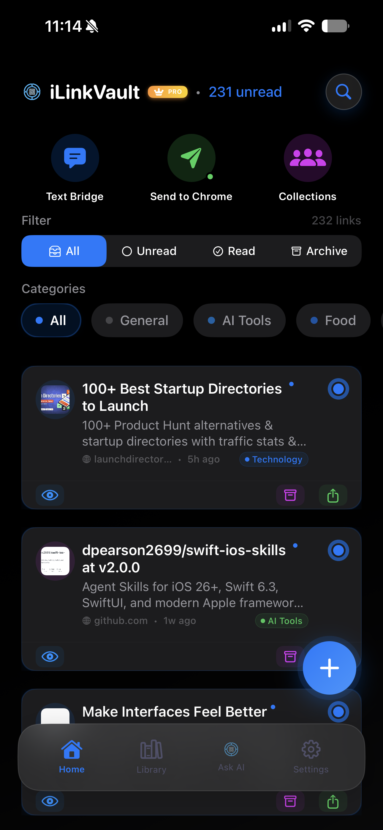 iLinkVault Home screen showing saved links in a private mobile vault